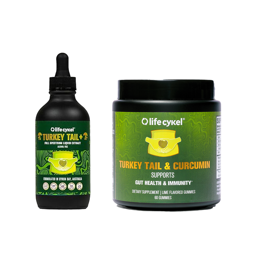 Life Cykel Turkey Tail Essentials: Turkey Tail Liquid Extract 100ml & Turkey Tail and Curcumin Gummy Bears (60 Gummies)